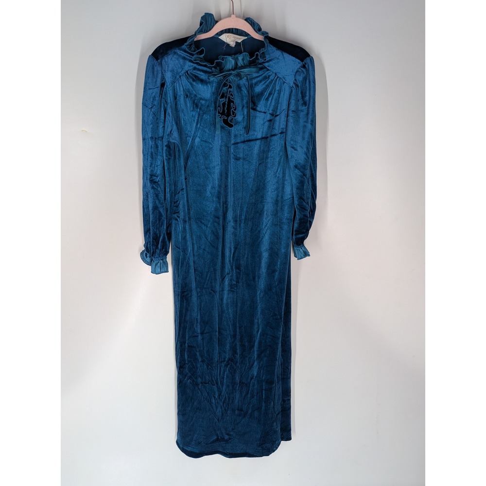 Vintage Komar Leisurely Living Teal Blue Velvet Ruffle Maxi Dress Lounger USA S